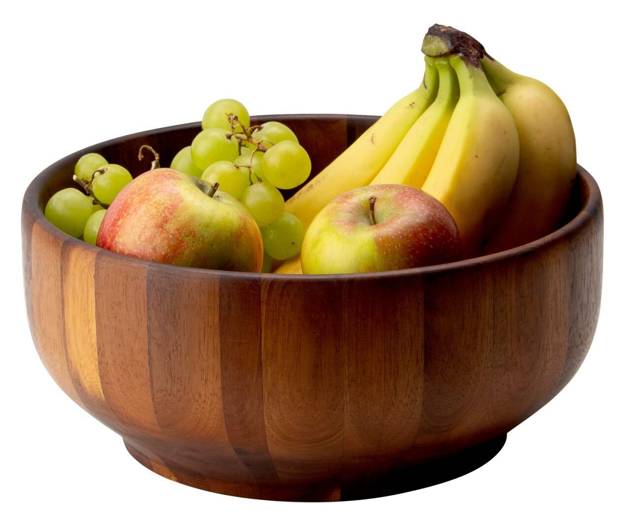Houten schaal van acaciahout met appels, bananen en druiven, zijaanzicht