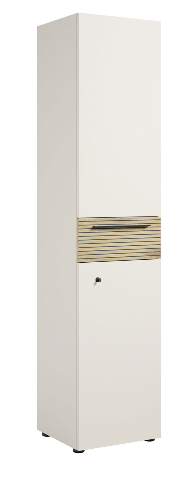 Hoher, schmaler Aktenschrank mit linkem Schloss, weiße Front und Holzgriff, seitliche Perspektive