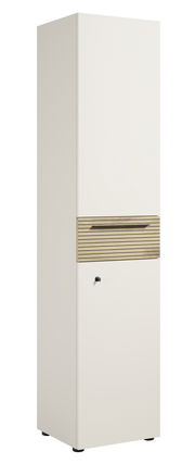 Hoher, schmaler Aktenschrank mit linkem Schloss, weiße Front und Holzgriff, seitliche Perspektive
