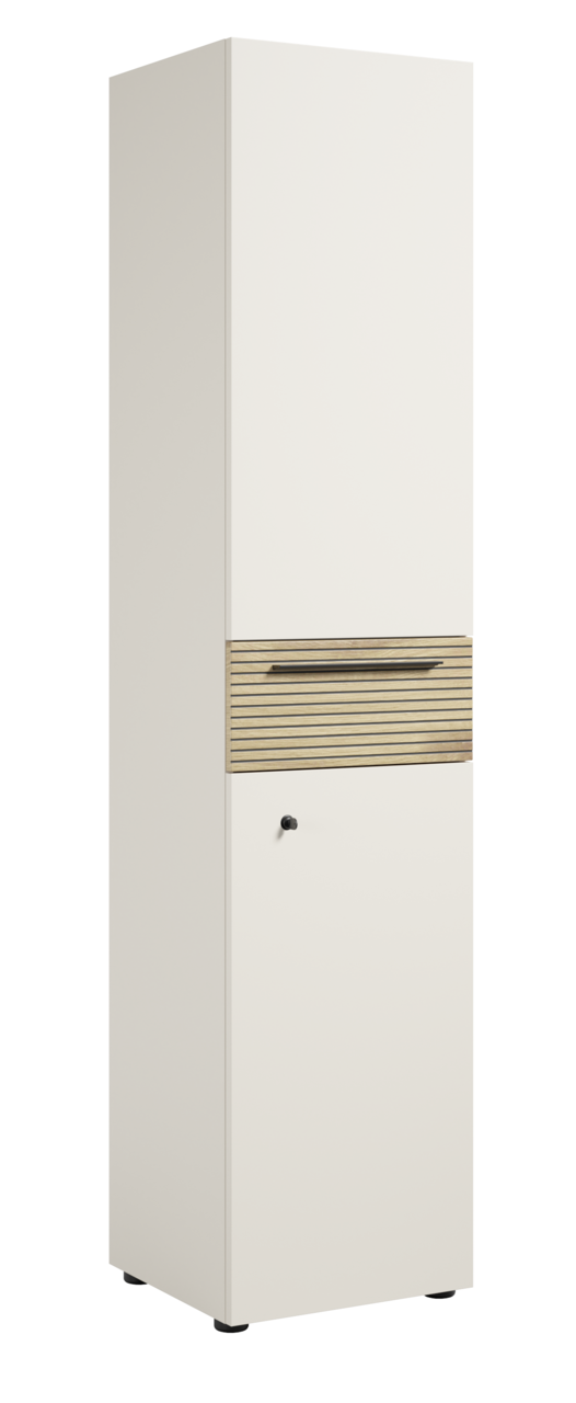 Novel Aktenschrank FLORIDA Hoher, schmaler Aktenschrank mit linkem Schloss, weiße Front und Holzgriff, seitliche Perspektive