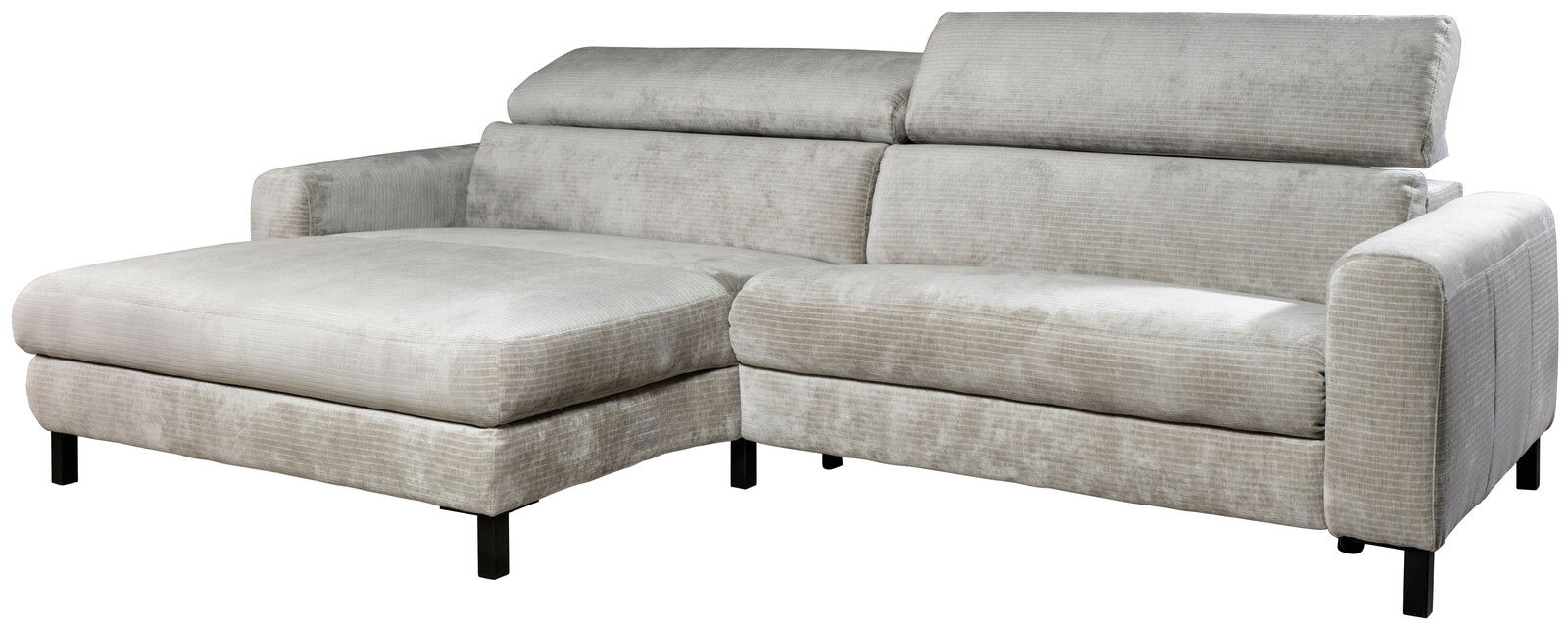 Graues Ecksofa mit verstellbaren Kopfstützen, linke Perspektive