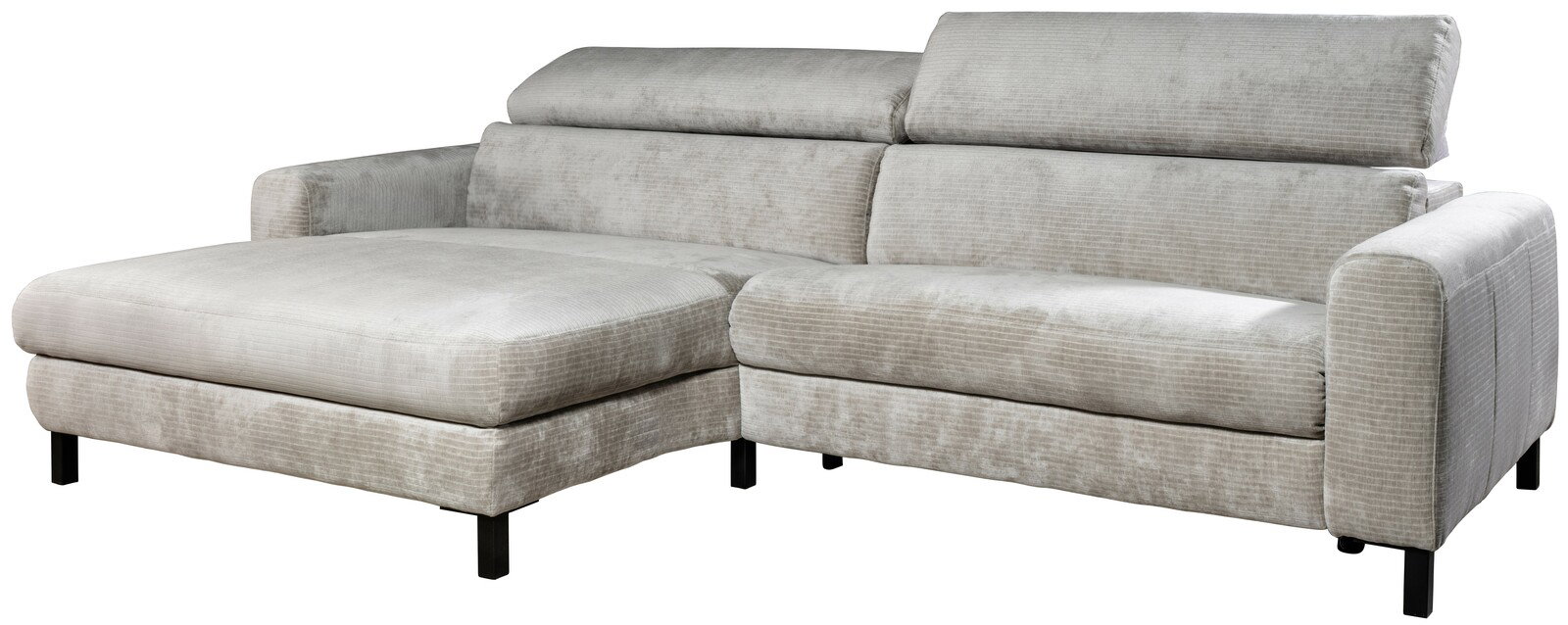 Graues Ecksofa mit verstellbaren Kopfstützen, linke Perspektive