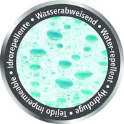 Nahaufnahme von Wassertropfen auf einer wasserabweisenden Oberfläche, umgeben von einem Kreis mit der Aufschrift 'Wasserabweisend' in mehreren Sprachen.