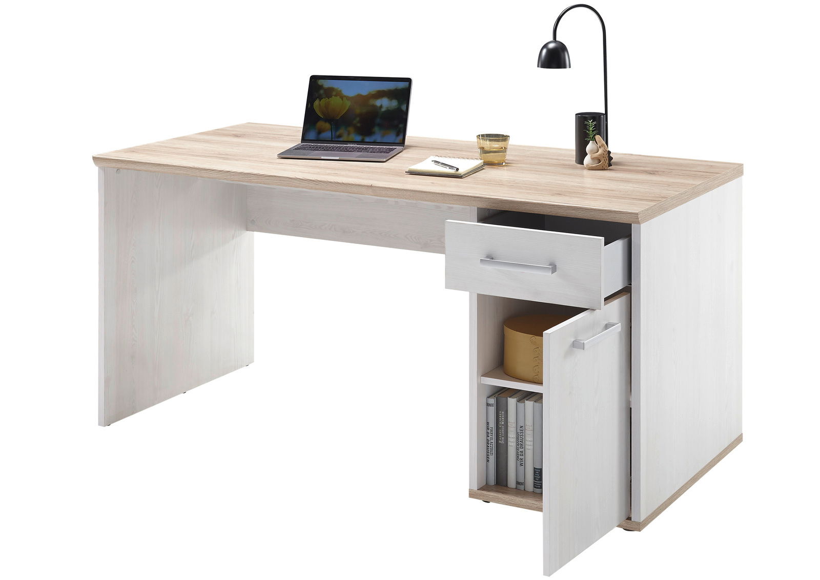 Moderner Schreibtisch mit Holzoberfläche, Schublade und Schrank, seitliche Perspektive