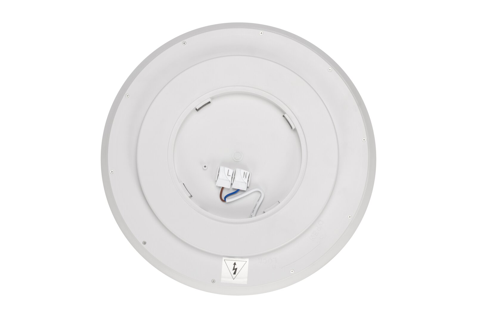 Rückansicht einer runden LED-Deckenleuchte mit sichtbaren elektrischen Anschlüssen und Schrauben.