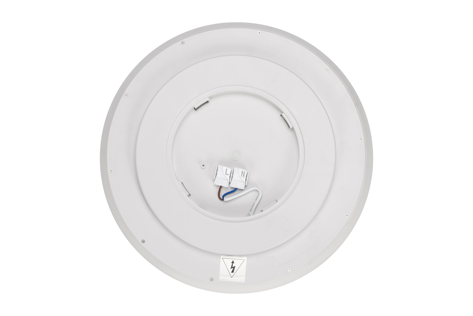 Rückansicht einer runden LED-Deckenleuchte mit sichtbaren elektrischen Anschlüssen und Schrauben.