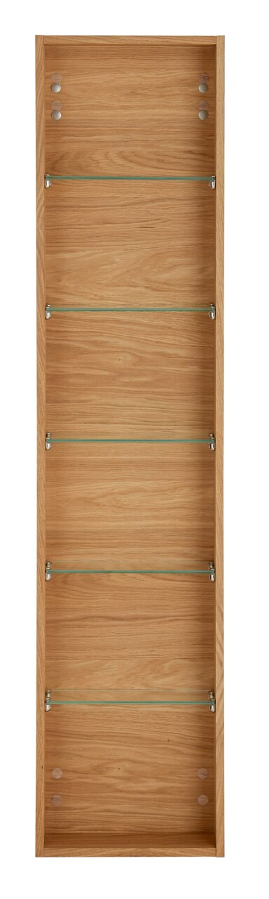 Houten rek met glazen planken, vooraanzicht