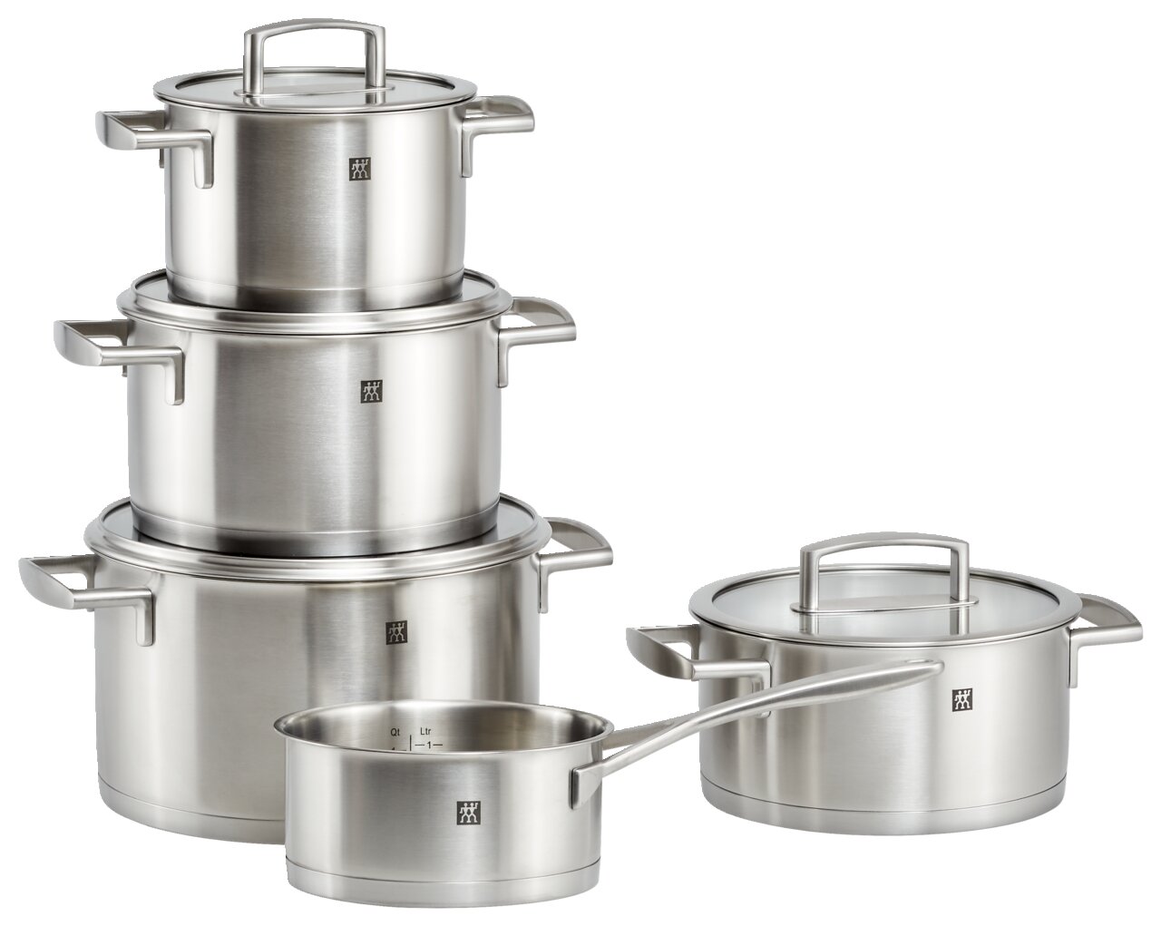 ZWILLING Topfset 5-tlg. VITALITY Fünfteiliges Topfset Vitality aus Edelstahl, bestehend aus vier Töpfen mit Deckeln und einer Stielkasserolle, in seitlicher Perspektive.