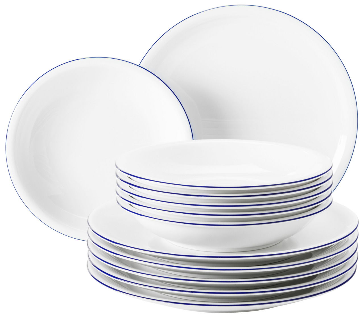 Seltmann Weiden Tafelservice 12-tlg. COMPACT 12-teiliges Tafelservice aus weißem Porzellan mit feinem blauen Rand, seitliche Perspektive