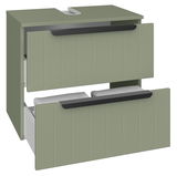 Grüner Waschbeckenunterschrank mit zwei offenen Schubladen, Frontansicht