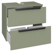 Grüner Waschbeckenunterschrank mit zwei offenen Schubladen, Frontansicht