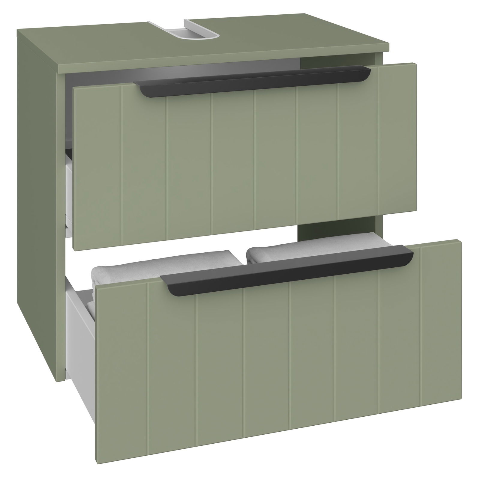 Grüner Waschbeckenunterschrank mit zwei offenen Schubladen, Frontansicht