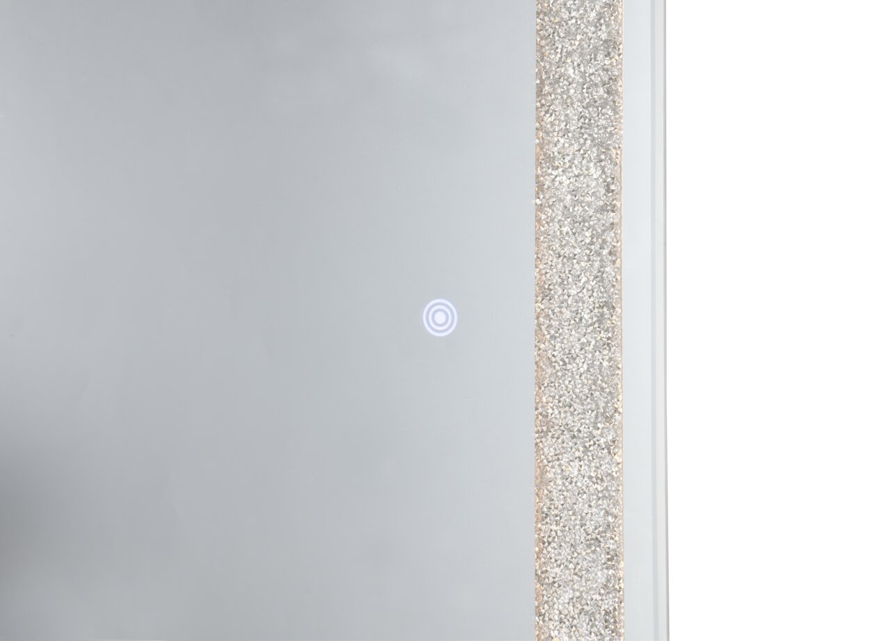 Nahaufnahme eines LED-Standspiegels mit glitzerndem Rahmen und Touch-Bedienung, seitliche Perspektive