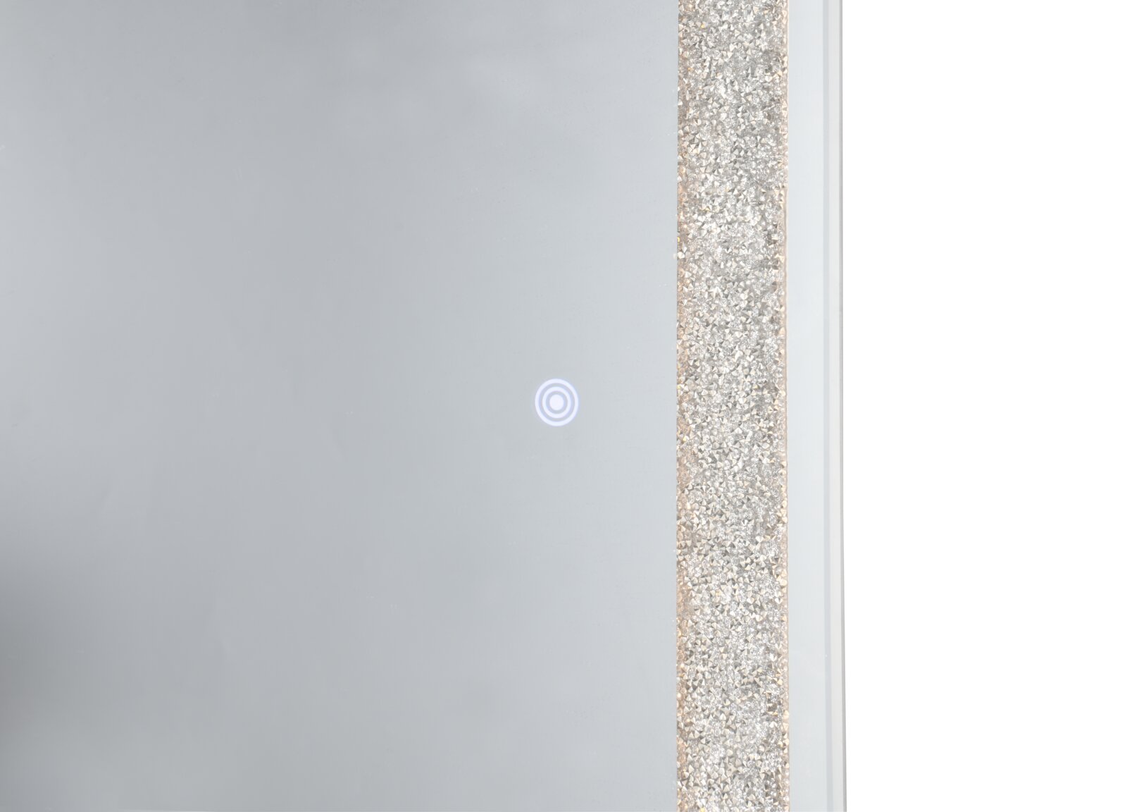 Nahaufnahme eines LED-Standspiegels mit glitzerndem Rahmen und Touch-Bedienung, seitliche Perspektive