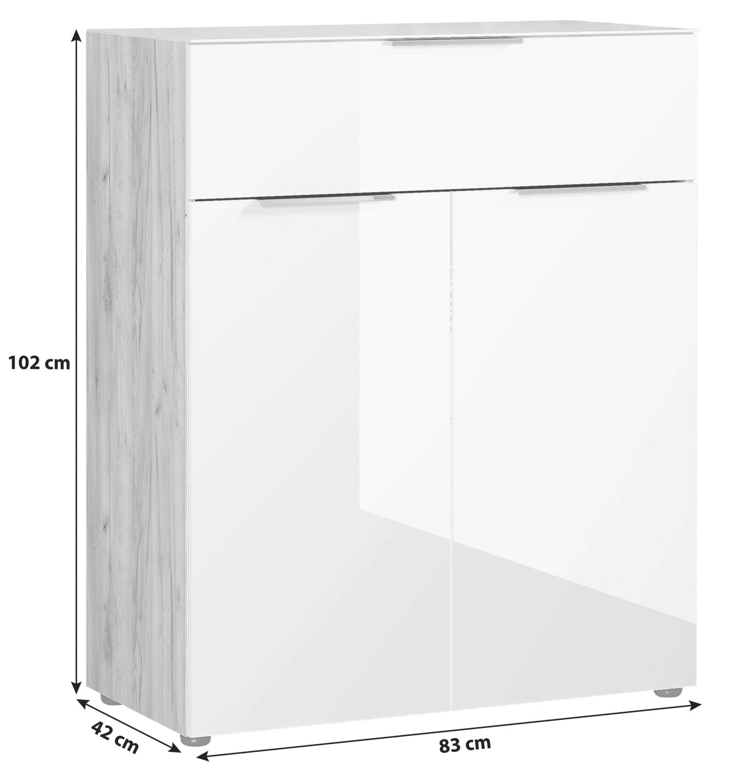 Weiße Kommode mit Holzseiten, zwei Türen und einer Schublade, Maße 102 cm hoch, 83 cm breit, 42 cm tief, frontale Perspektive
