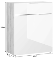 Weiße Kommode mit Holzseiten, zwei Türen und einer Schublade, Maße 102 cm hoch, 83 cm breit, 42 cm tief, frontale Perspektive