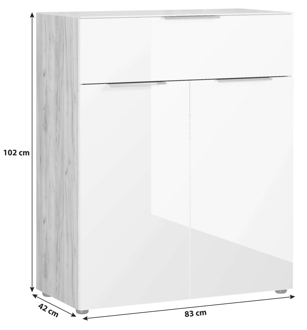 Weiße Kommode mit Holzseiten, zwei Türen und einer Schublade, Maße 102 cm hoch, 83 cm breit, 42 cm tief, frontale Perspektive