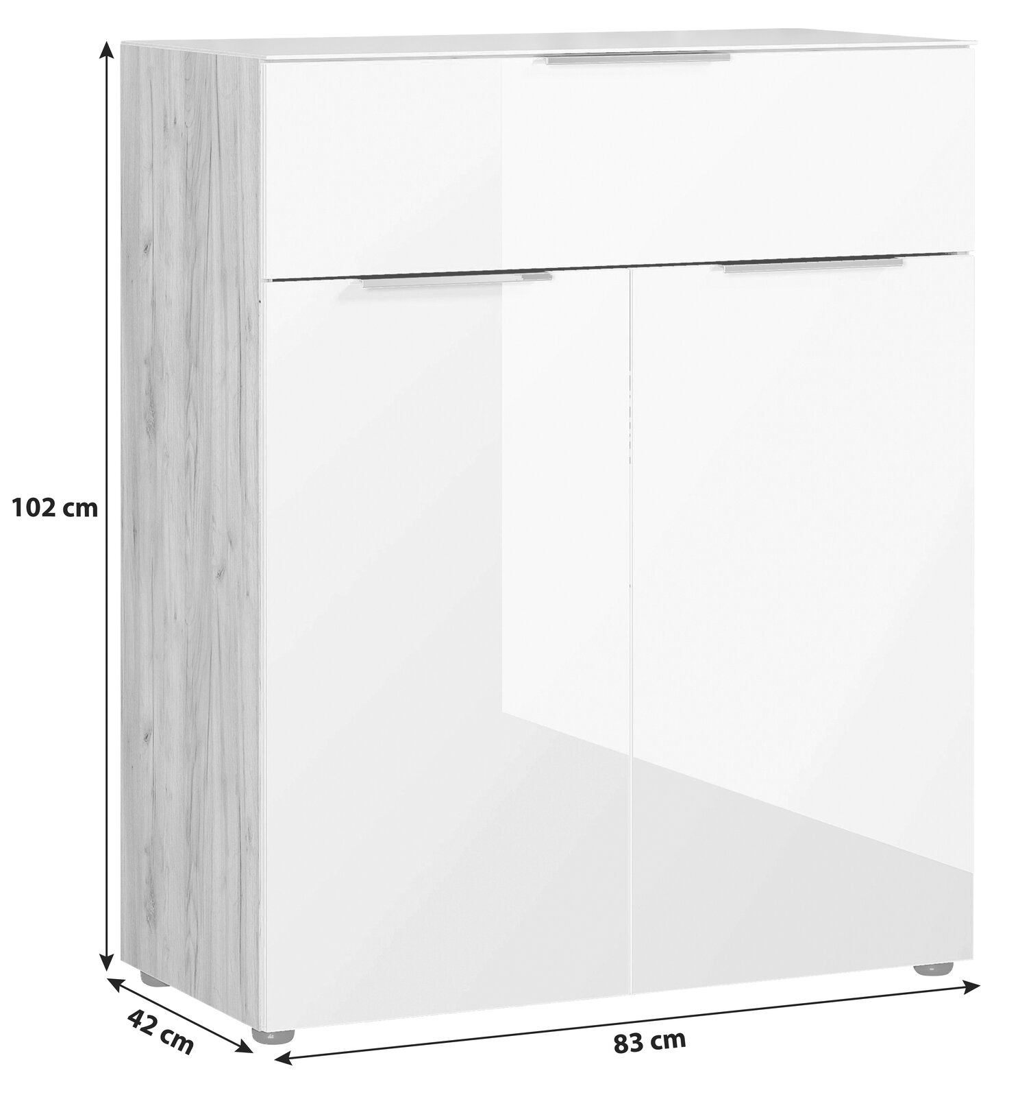 Weiße Kommode mit Holzseiten, zwei Türen und einer Schublade, Maße 102 cm hoch, 83 cm breit, 42 cm tief, frontale Perspektive