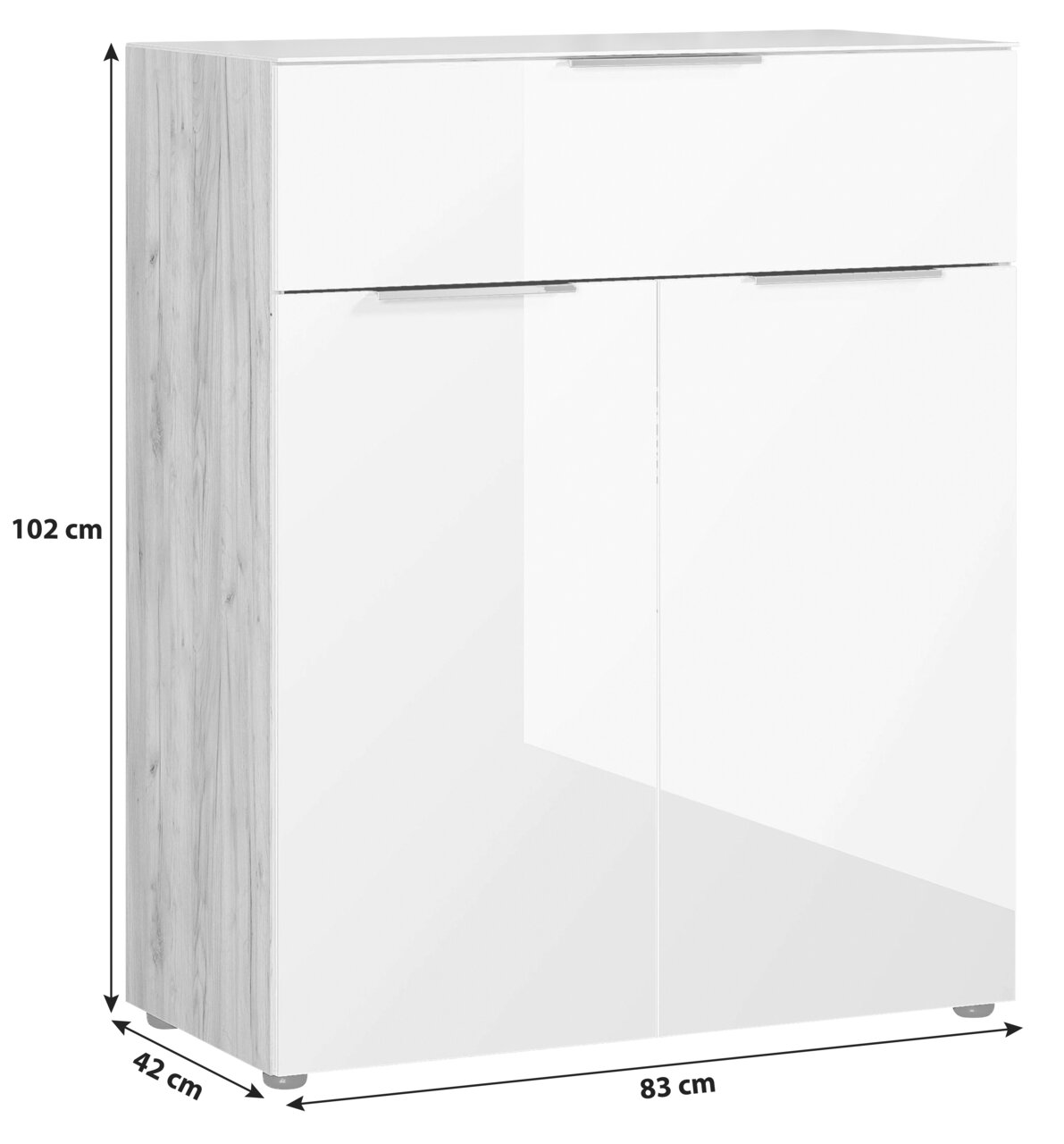 Weiße Kommode mit Holzseiten, zwei Türen und einer Schublade, Maße 102 cm hoch, 83 cm breit, 42 cm tief, frontale Perspektive
