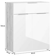 Weiße Kommode mit Holzseiten, zwei Türen und einer Schublade, Maße 102 cm hoch, 83 cm breit, 42 cm tief, frontale Perspektive