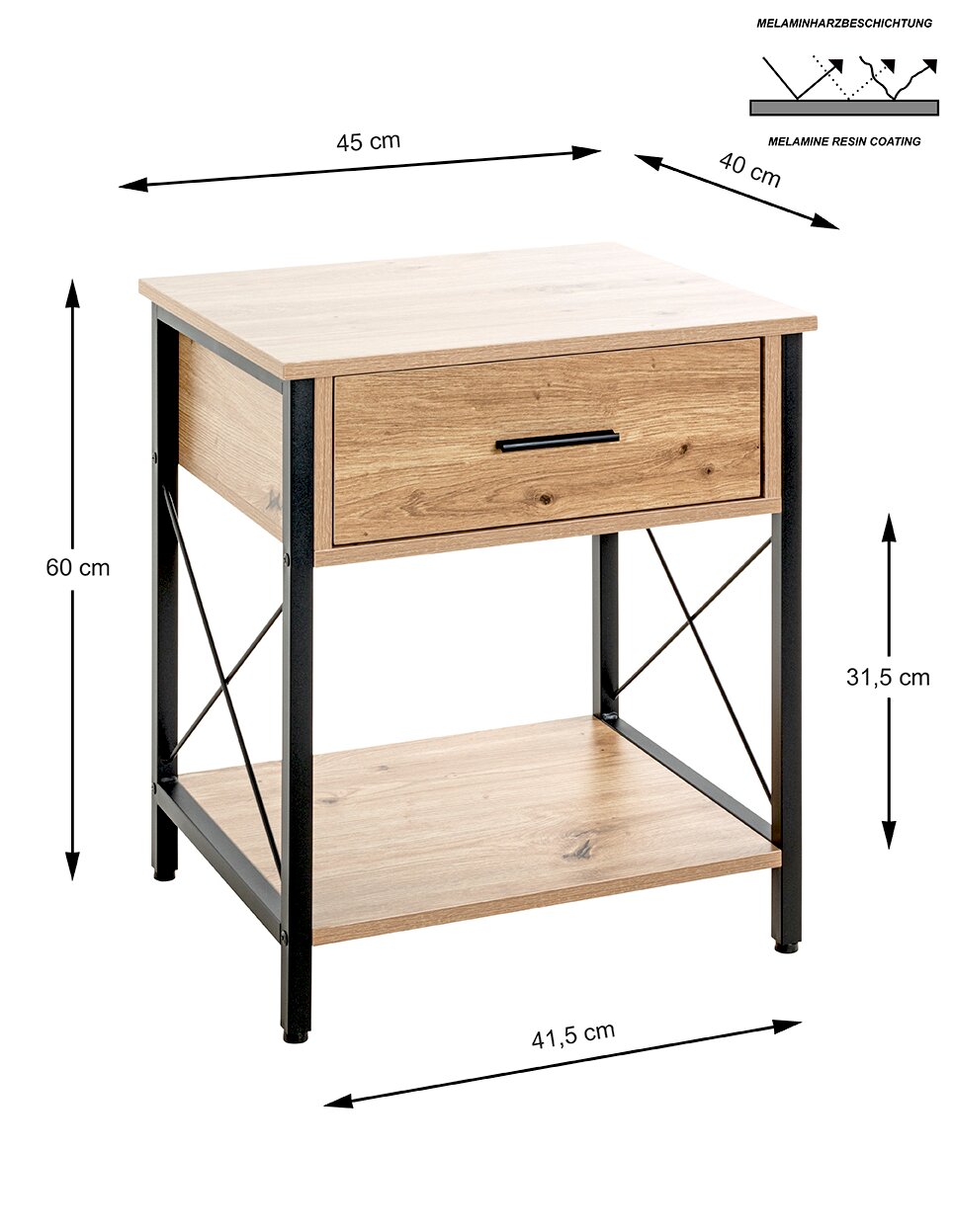 Kompakter Nachttisch/Beistelltisch in Holzoptik mit schwarzem Metallgestell, einer Schublade und Ablageboden, melaminharzbeschichtete Oberfläche; Maße ca. 45 x 40 x 60 cm; Produktansicht in schräger Frontperspektive vor weißem Hintergrund.