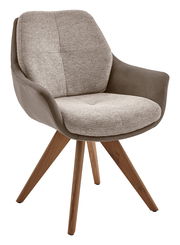 Moderner Armlehnstuhl mit gepolstertem Sitz und Rückenlehne in Beige und Braun, auf Holzbeinen. Seitenansicht.