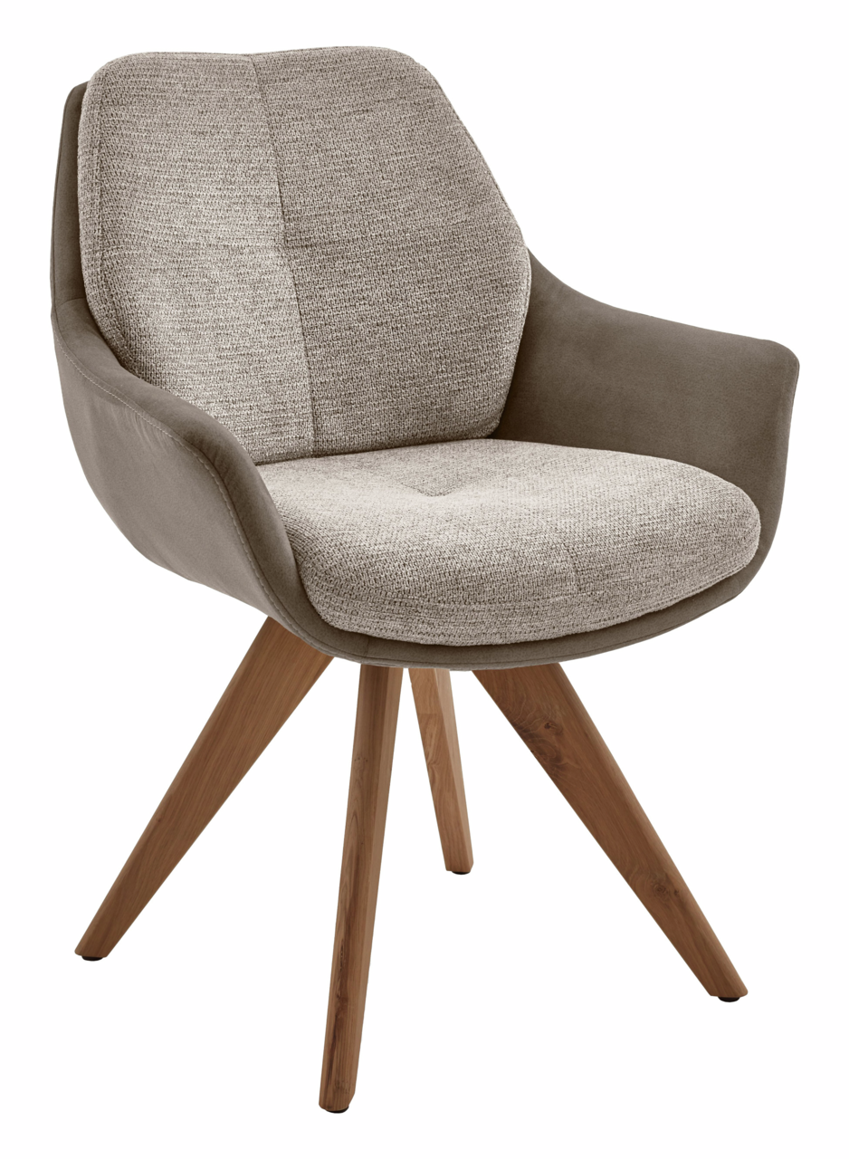Valnatura Armlehnstuhl MANADO Moderner Armlehnstuhl mit gepolstertem Sitz und Rückenlehne in Beige und Braun, auf Holzbeinen. Seitenansicht.