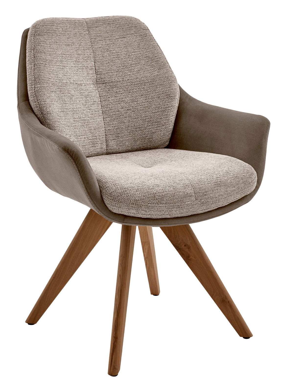 Valnatura Armlehnstuhl MANADO Moderner Armlehnstuhl mit gepolstertem Sitz und Rückenlehne in Beige und Braun, auf Holzbeinen. Seitenansicht.