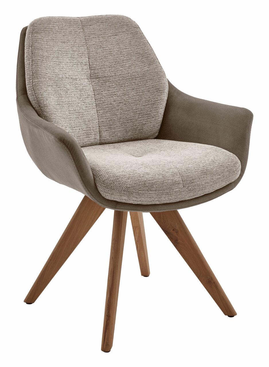 Moderner Armlehnstuhl mit gepolstertem Sitz und Rückenlehne in Beige und Braun, auf Holzbeinen. Seitenansicht.