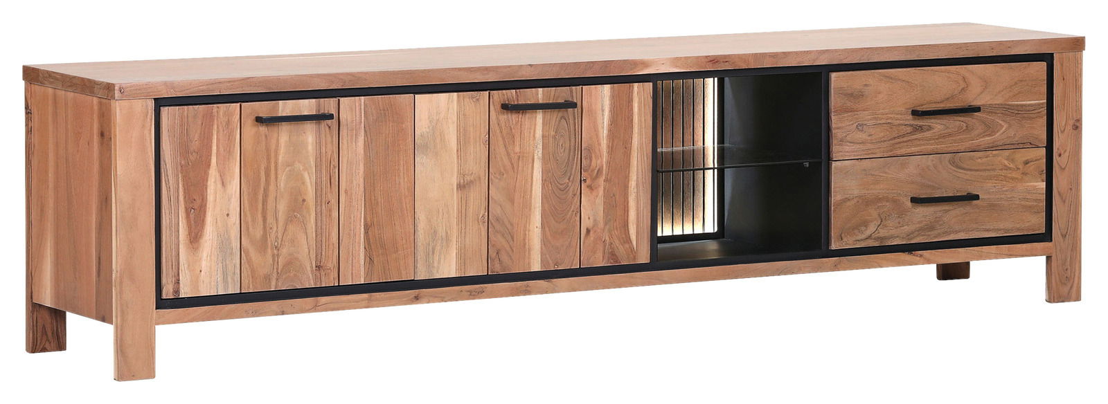 Holz-Lowboard mit zwei Türen, zwei Schubladen und einem offenen Fach, frontal betrachtet.