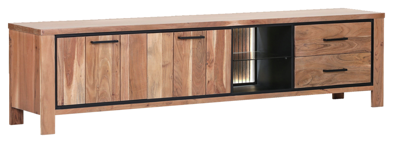 Holz-Lowboard mit zwei Türen, zwei Schubladen und einem offenen Fach, frontal betrachtet.