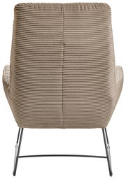 Rückansicht eines Sessels mit geripptem Stoffbezug und Metallbeinen.