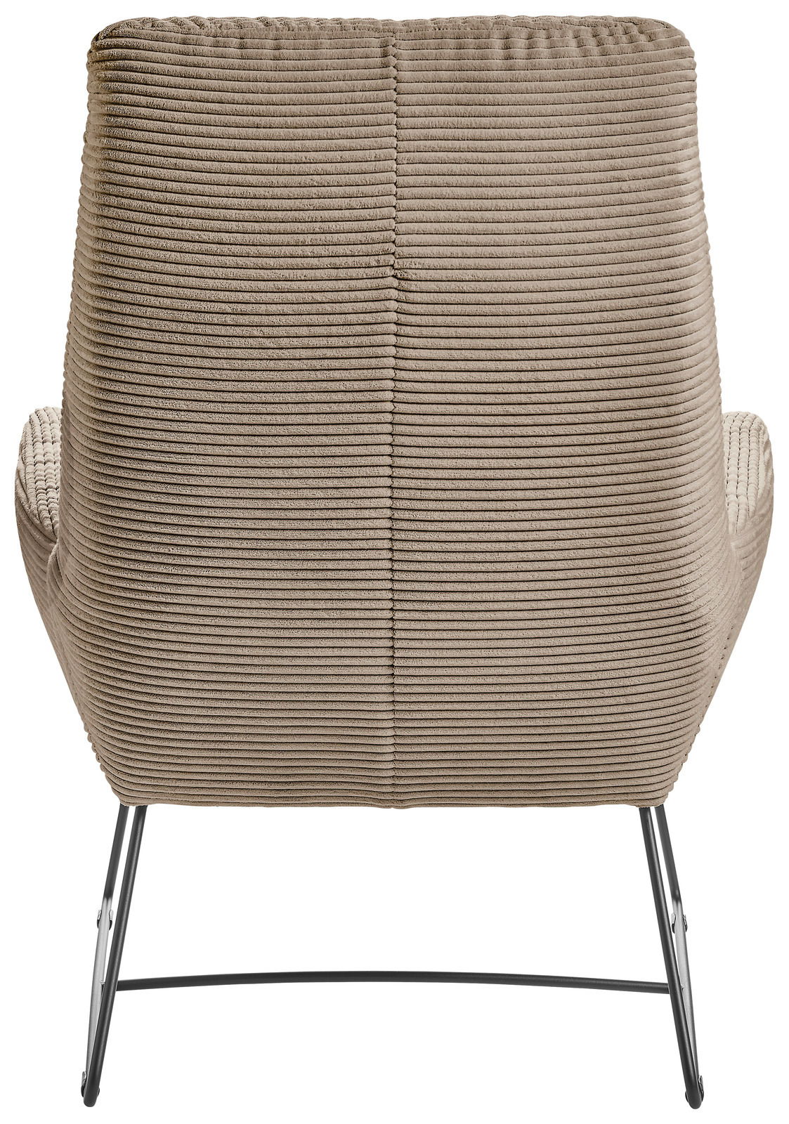 Rückansicht eines Sessels mit geripptem Stoffbezug und Metallbeinen.