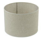 Zylindrischer Lampenschirm aus beigem Stoff, seitliche Perspektive