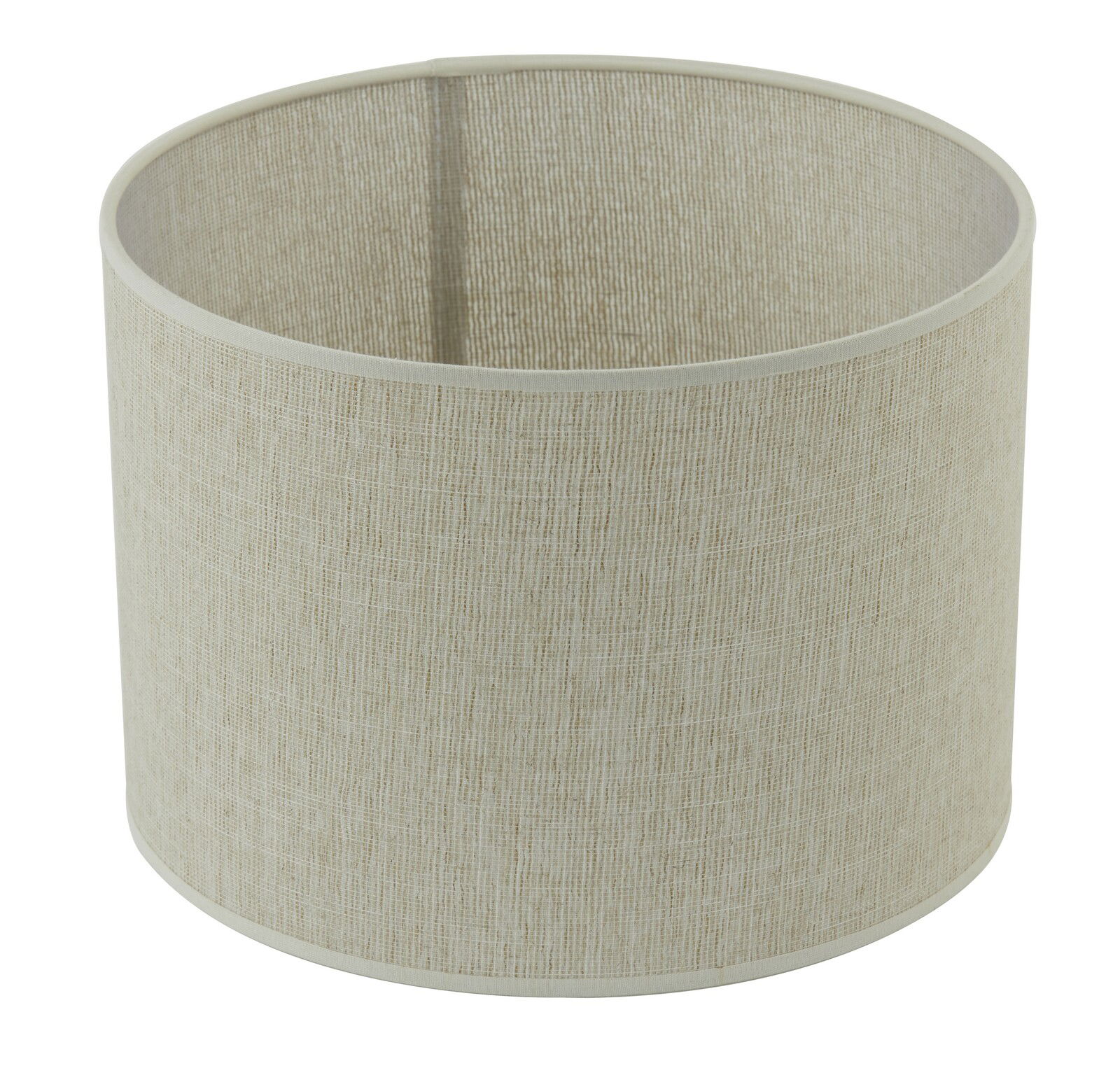 Zylindrischer Lampenschirm aus beigem Stoff, seitliche Perspektive