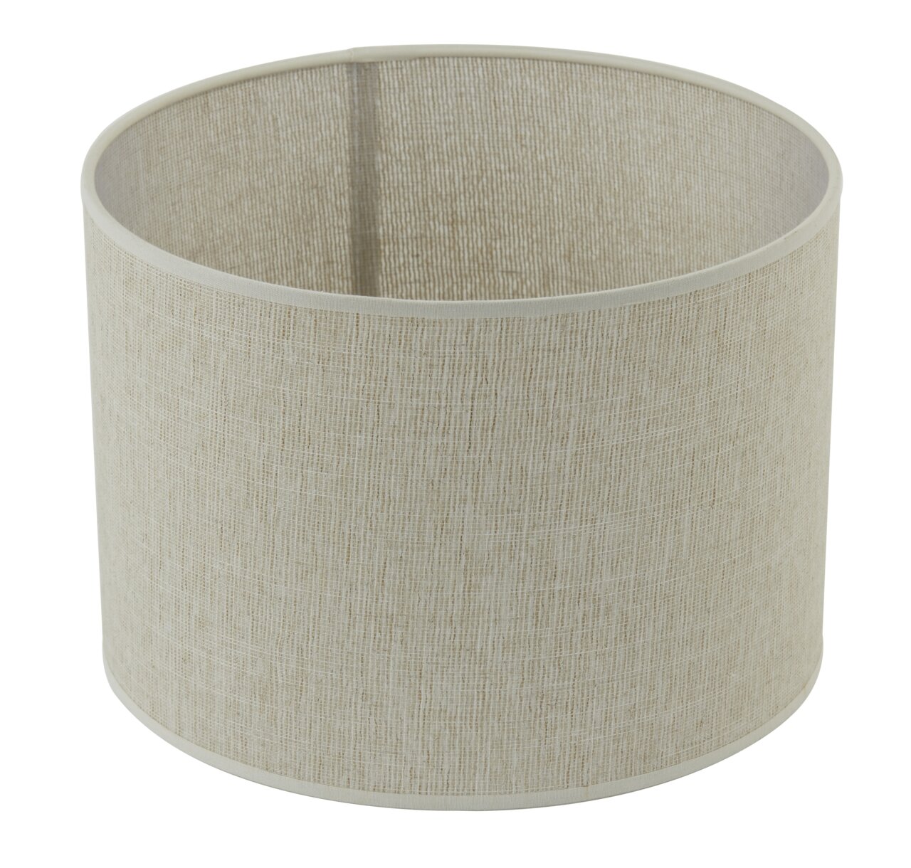 Zylindrischer Lampenschirm aus beigem Stoff, seitliche Perspektive