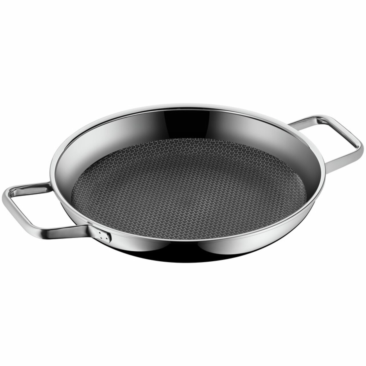 WMF Servierpfanne PROFI RESIST 28cm aus Edelstahl mit Wabenstruktur, seitliche Perspektive