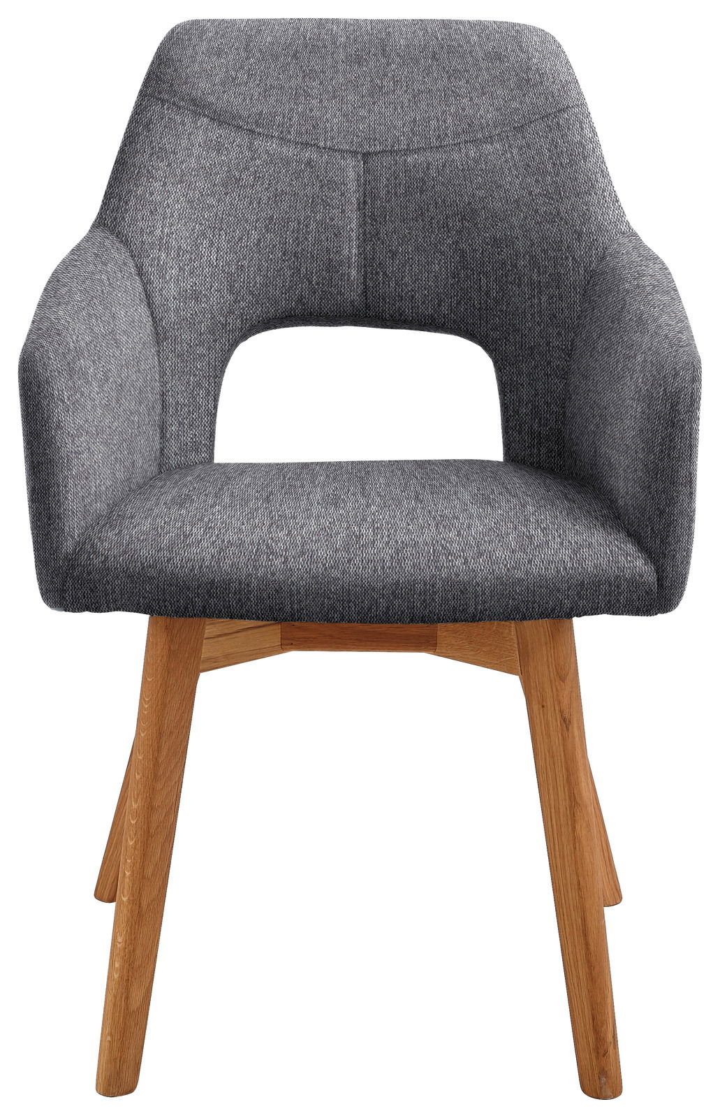 Grauer Sessel mit Holzbeinen, Vorderansicht