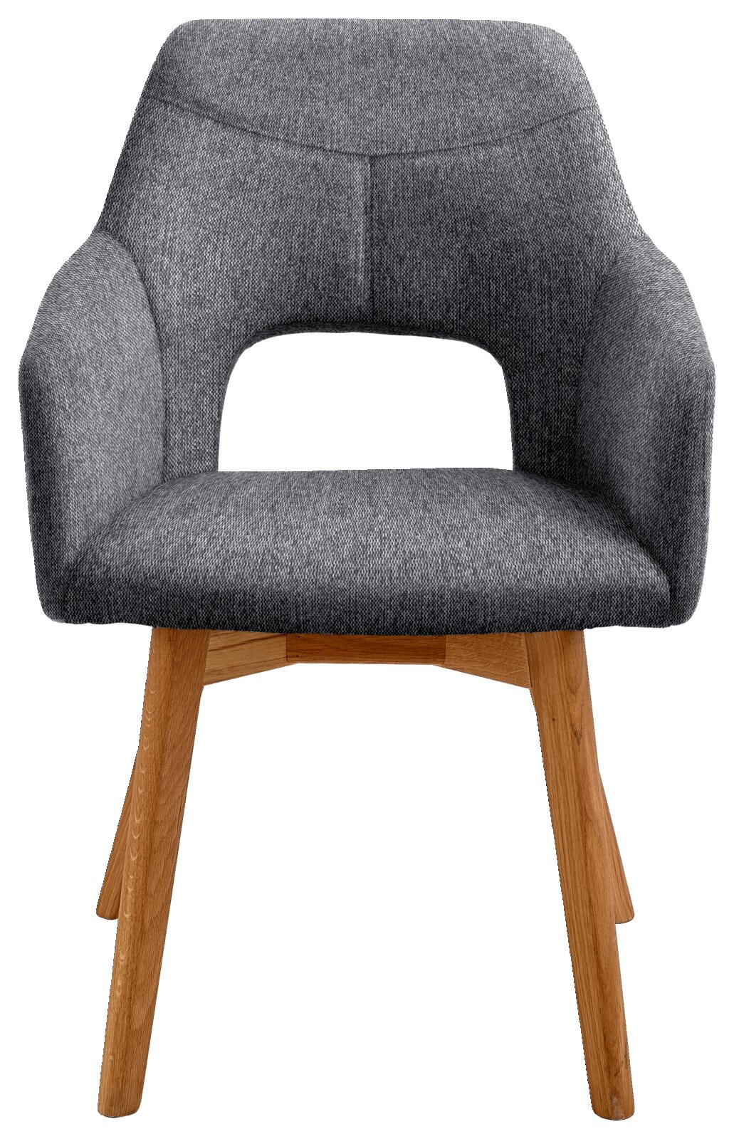 Grijze fauteuil met houten poten, vooraanzicht