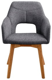Grijze fauteuil met houten poten, vooraanzicht