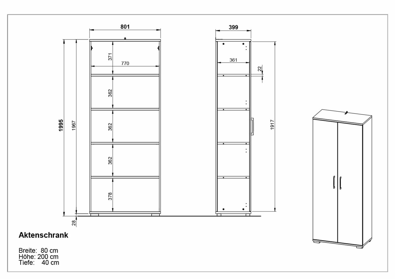 Aktenschrank mit den Maßen Breite 80 cm, Höhe 200 cm, Tiefe 40 cm, Vorder- und Seitenansicht.