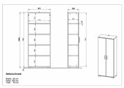 Aktenschrank mit den Maßen Breite 80 cm, Höhe 200 cm, Tiefe 40 cm, Vorder- und Seitenansicht.