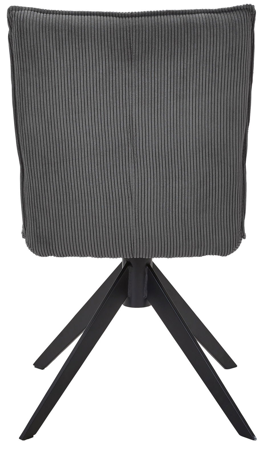 Johann Jakob Stuhl CALAS Rückansicht eines modernen Stuhls mit grauem, geripptem Stoffbezug und schwarzem Metallgestell.