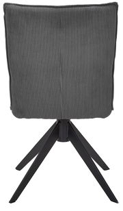 Rückansicht eines modernen Stuhls mit grauem, geripptem Stoffbezug und schwarzem Metallgestell.