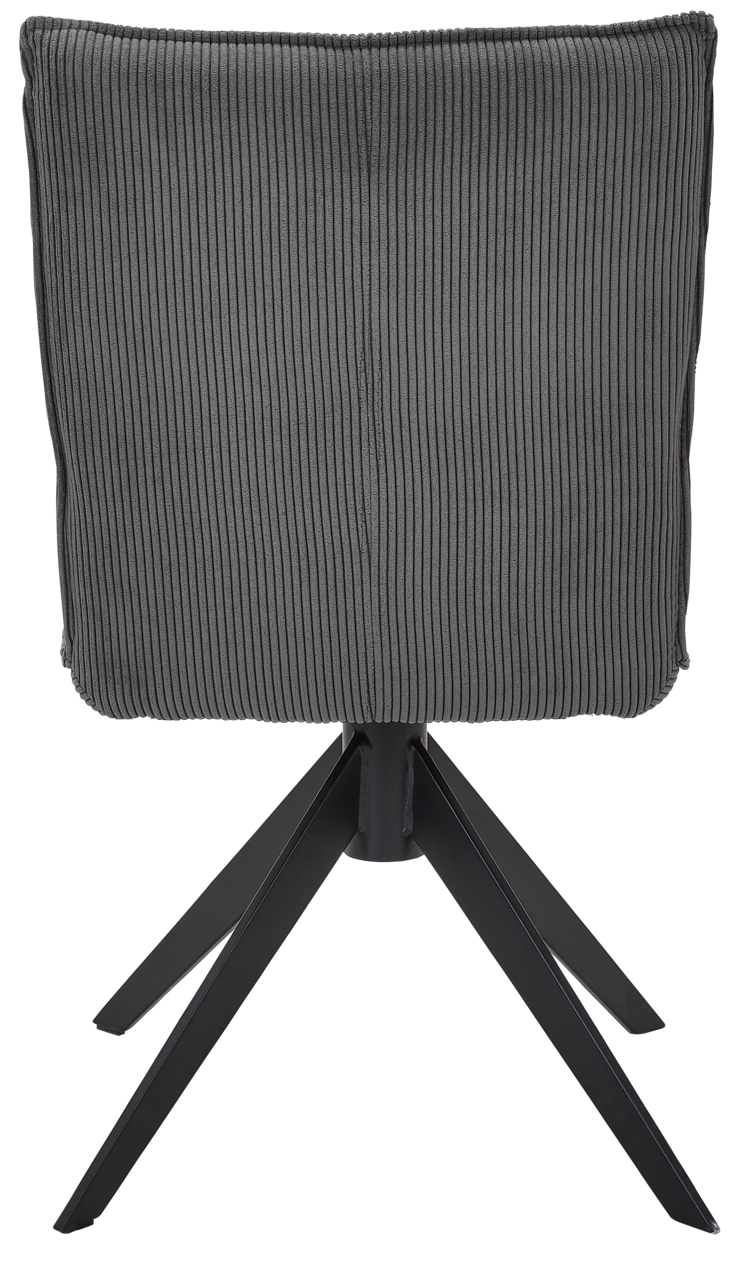 Johann Jakob Stuhl CALAS Rückansicht eines modernen Stuhls mit grauem, geripptem Stoffbezug und schwarzem Metallgestell.