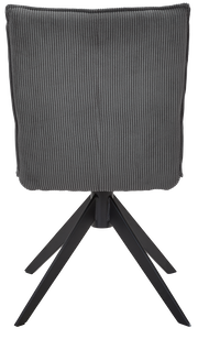 Rückansicht eines modernen Stuhls mit grauem, geripptem Stoffbezug und schwarzem Metallgestell.