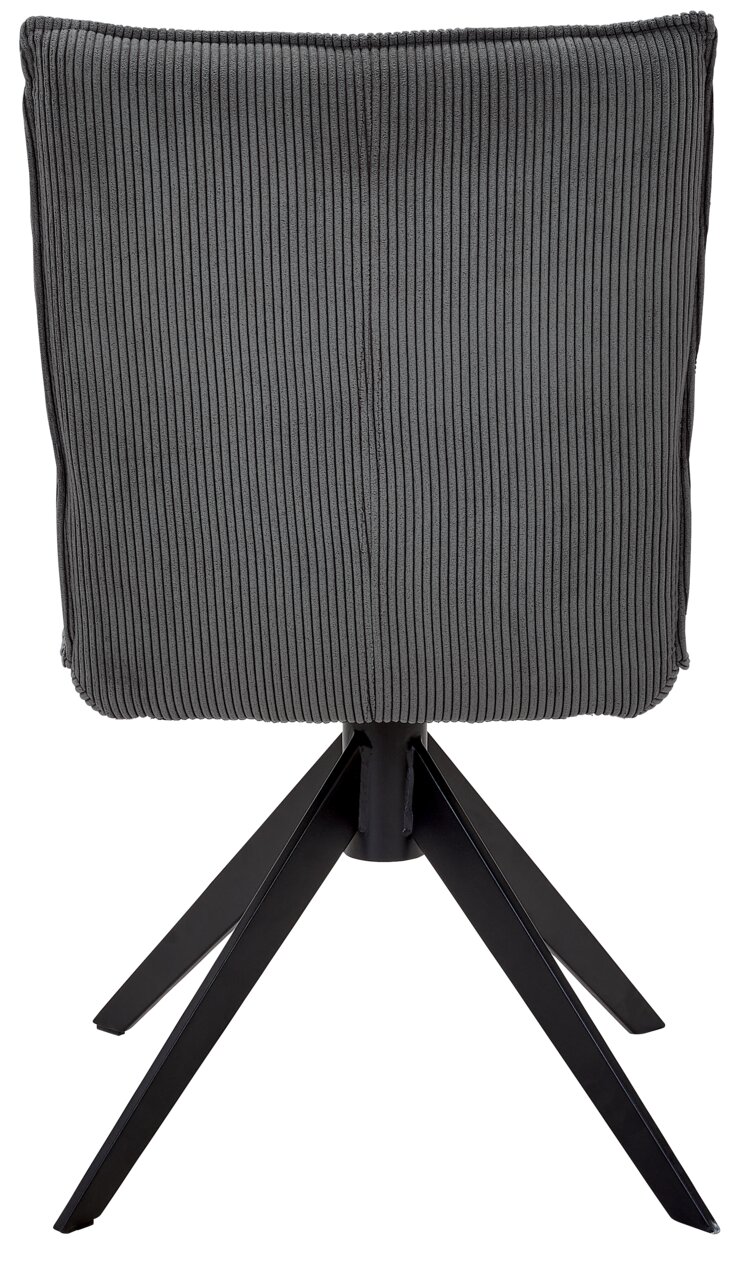 Johann Jakob Stuhl CALAS Rückansicht eines modernen Stuhls mit grauem, geripptem Stoffbezug und schwarzem Metallgestell.
