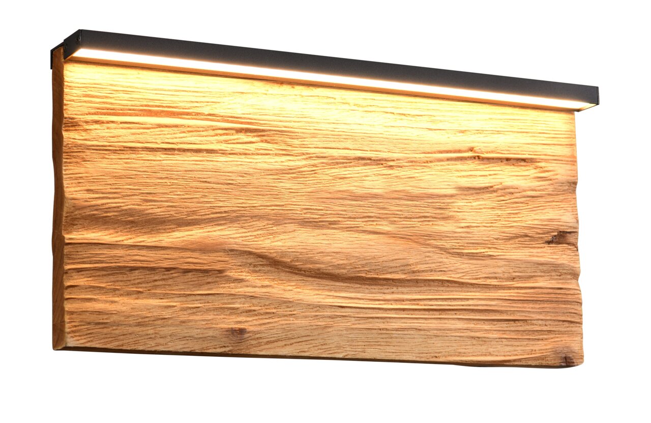 Wandleuchte aus Holz mit moderner LED-Beleuchtung, seitliche Perspektive