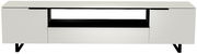 Frontansicht eines modernen weißen XL TV-Lowboards mit zwei Türen und einem offenen Fach in der Mitte.