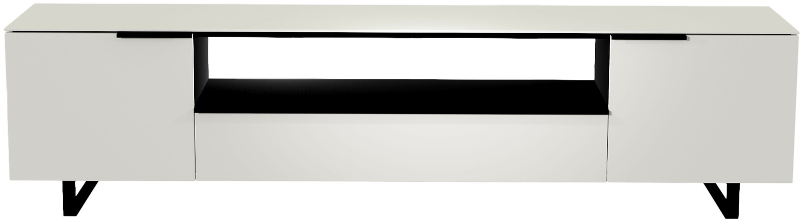 Frontansicht eines modernen weißen XL TV-Lowboards mit zwei Türen und einem offenen Fach in der Mitte.